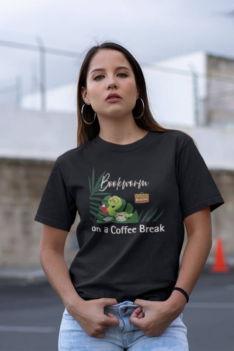 Bookworm coffee break t-shirt with a young girl standing posing on the side of the road