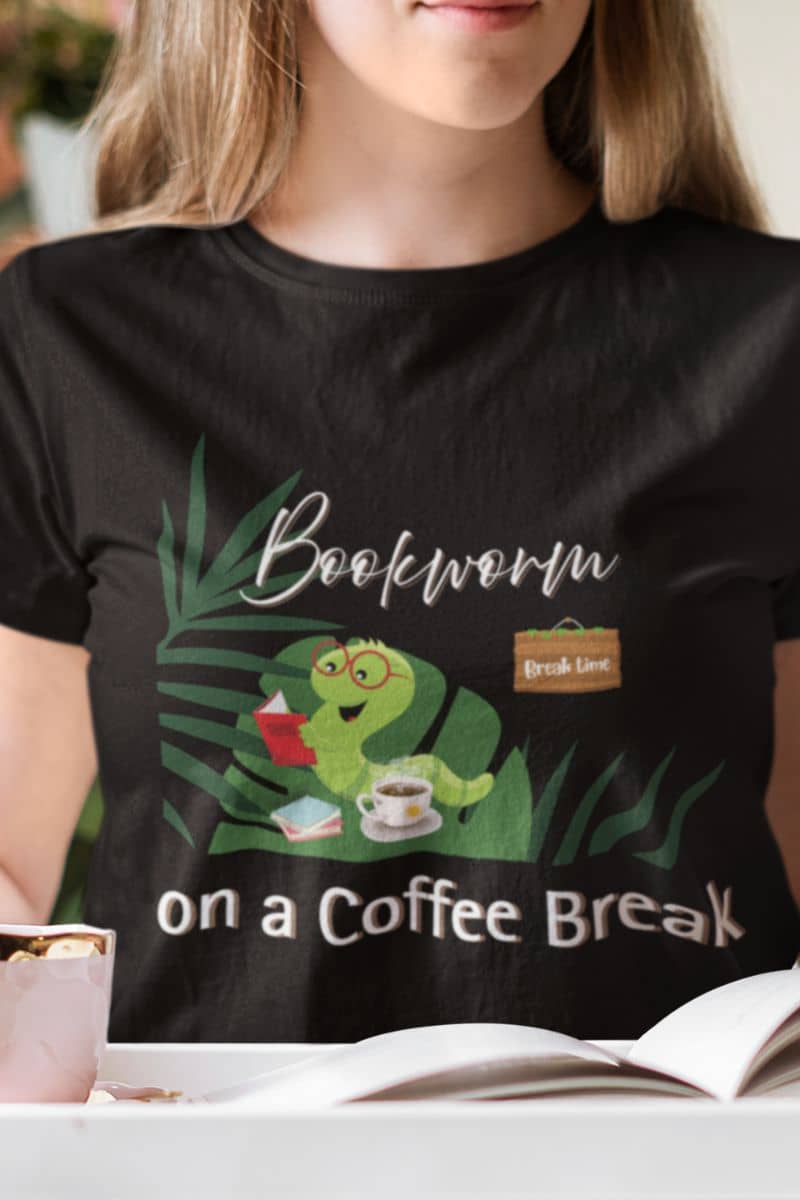 Bookworm coffee break t-shirt with a girl sitting reading a book