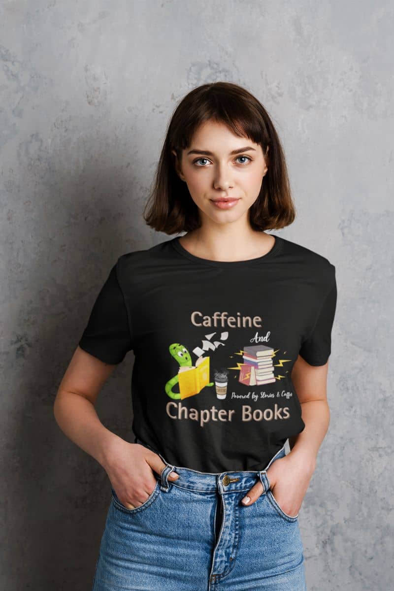 Bookworm fuel t-shirt with a short-haired girl posing in front of the wall