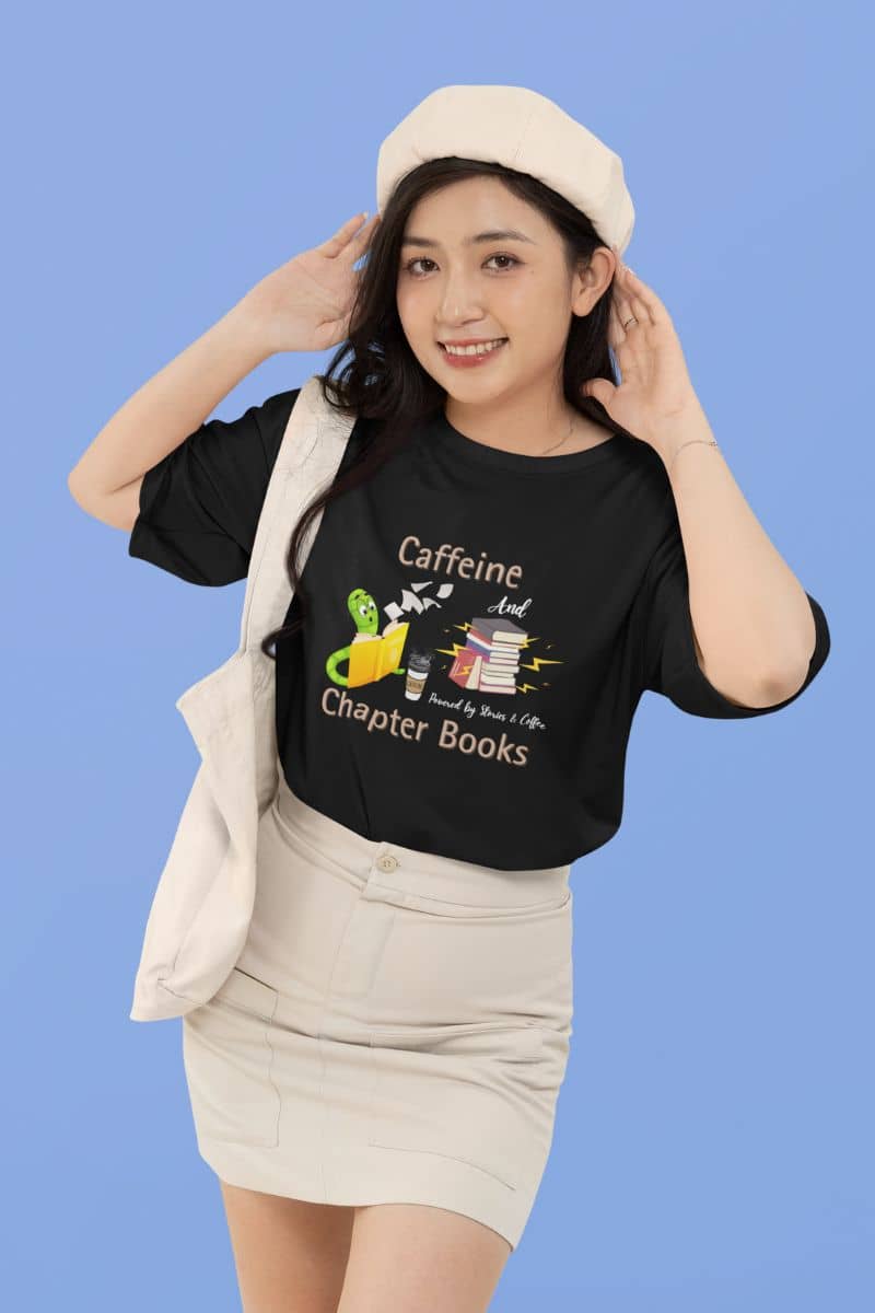 Bookworm fuel t-shirt with a beautiful girl standing and posing