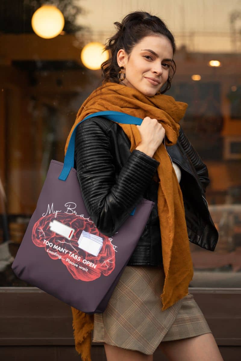Brain overload tote bag with stylish girl walking down the street with tote bag