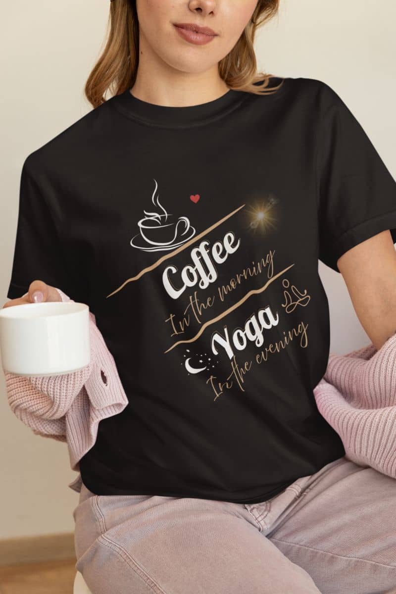 Casual comfort tee with a girl posing with a cup of coffee in her hand