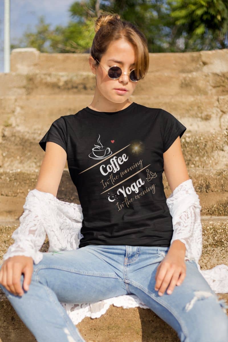 Casual comfort tee with a girl sitting posing on the stairs