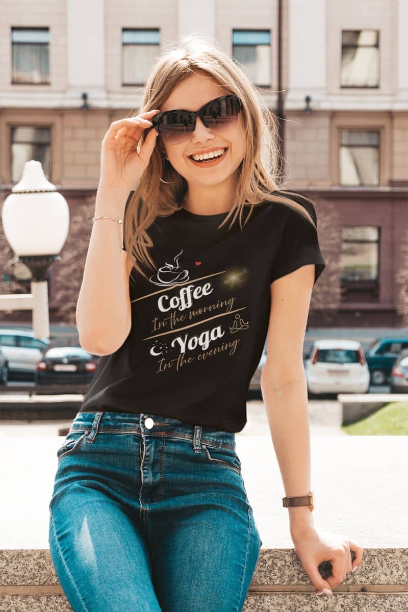 Casual comfort tee with a girl sitting and posing with glasses