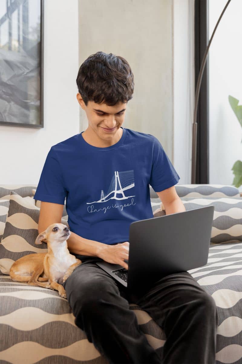 Change is good T-Shirt with a young man working on the bed next to his dog