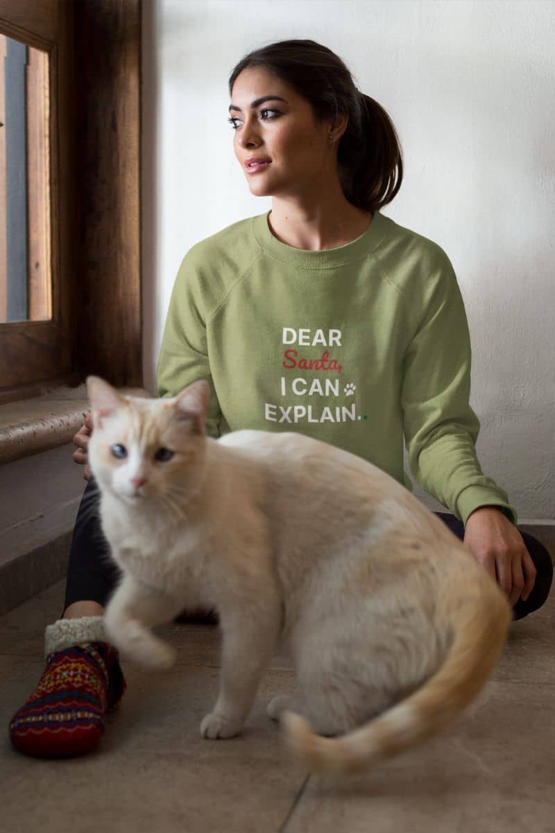 Christmas cat sweatshirt with a woman wearing a green sweatshirt with a cat sitting next to her.