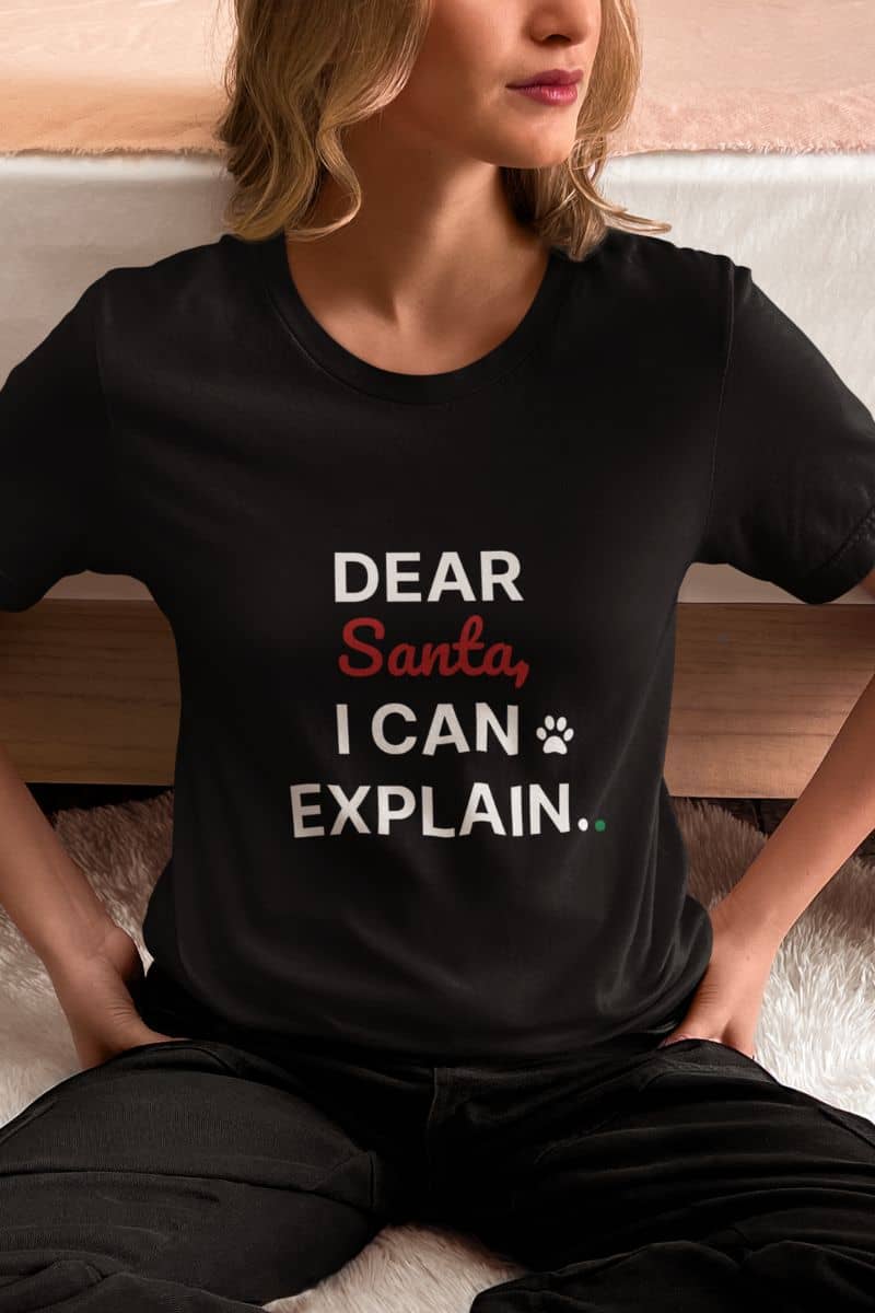 Christmas humor t-shirt with a person wearing a black t-shirt with 'Dear Santa, I can explain' text.