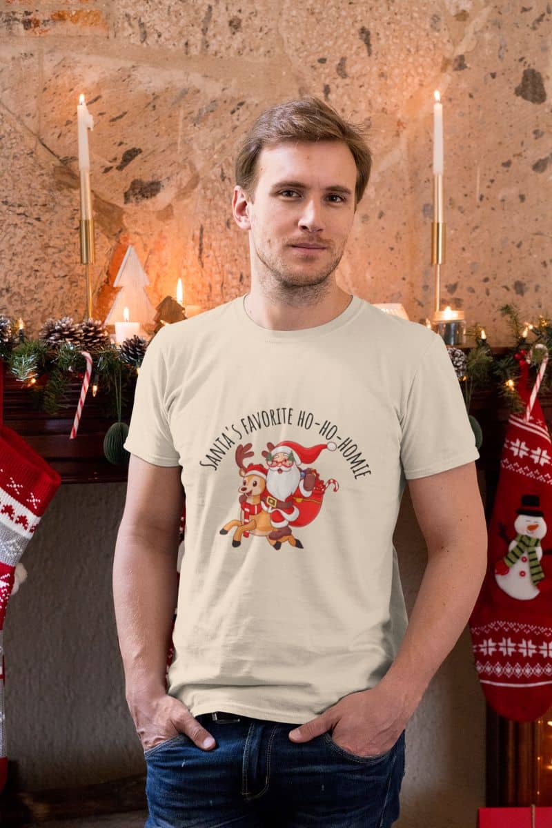 Christmas unisex T-shirt with a guy posing on Christmas Eve
