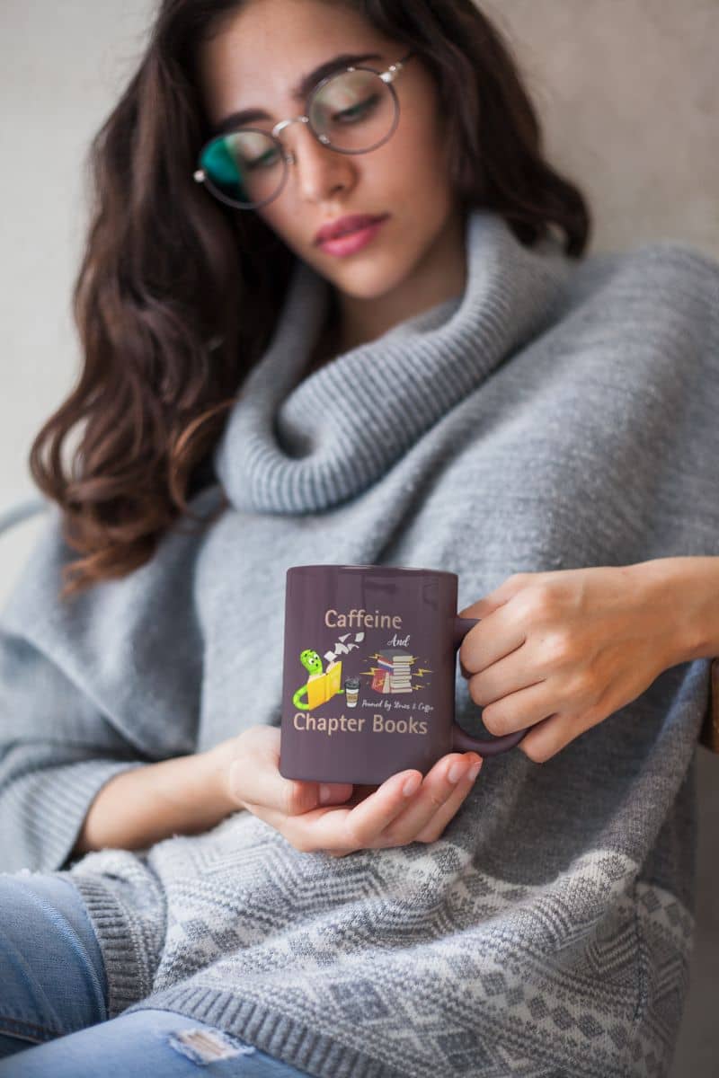 Coffee and books lover mug with a girl looking at the cup in her hand with a thoughtful expression