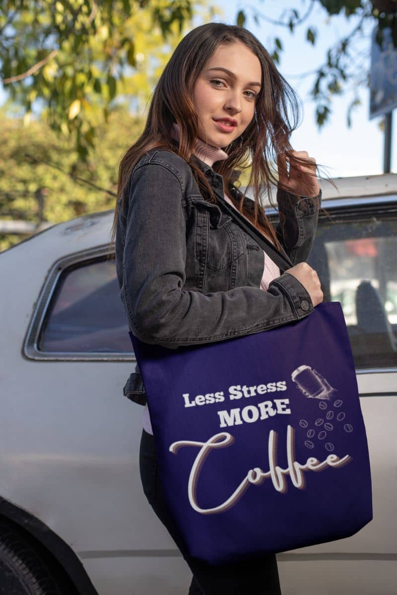 Coffee tote bag with a girl posing next to an old car