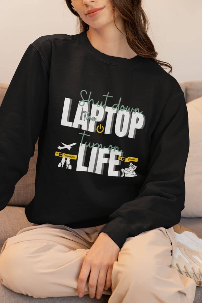 Cozy getaway sweatshirt with a girl sitting on the sofa