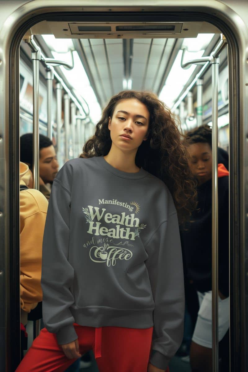 Cozy manifestation sweatshirt with a curly haired girl riding the subway