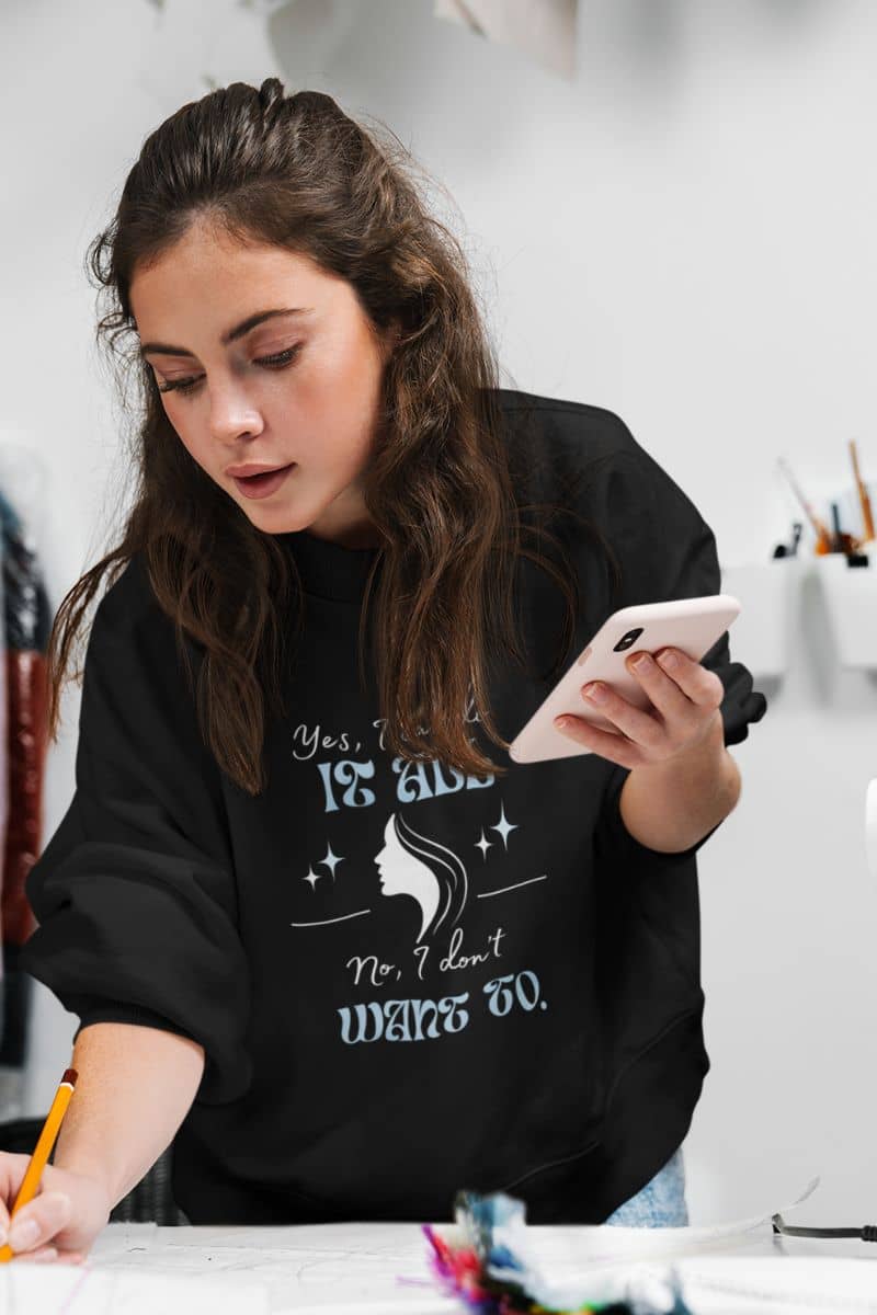 Cozy sarcastic sweatshirt with a girl keeping records at a fashion store