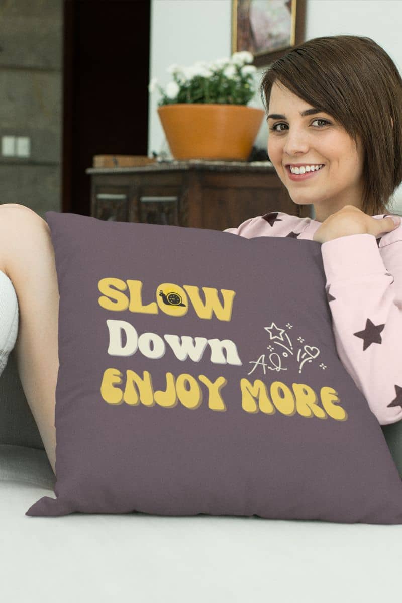 Cute throw pillow with a girl smiling while sitting on the sofa