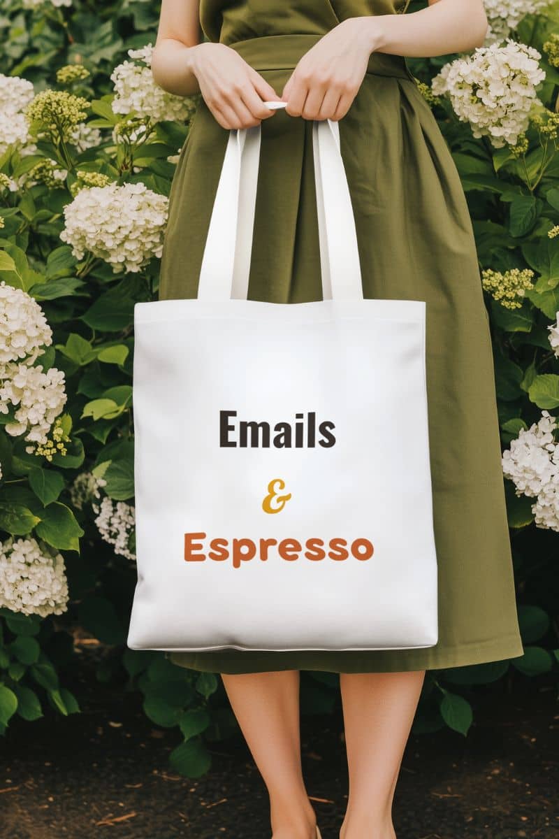 Daily commute tote bag with a person holding a tote bag with 'Emails & Espresso' text against a floral background