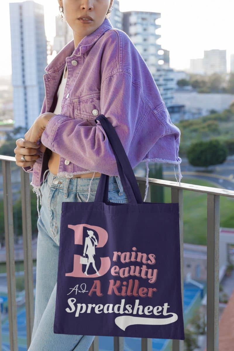 Empowered women tote bag with a girl leaning on the railing posing