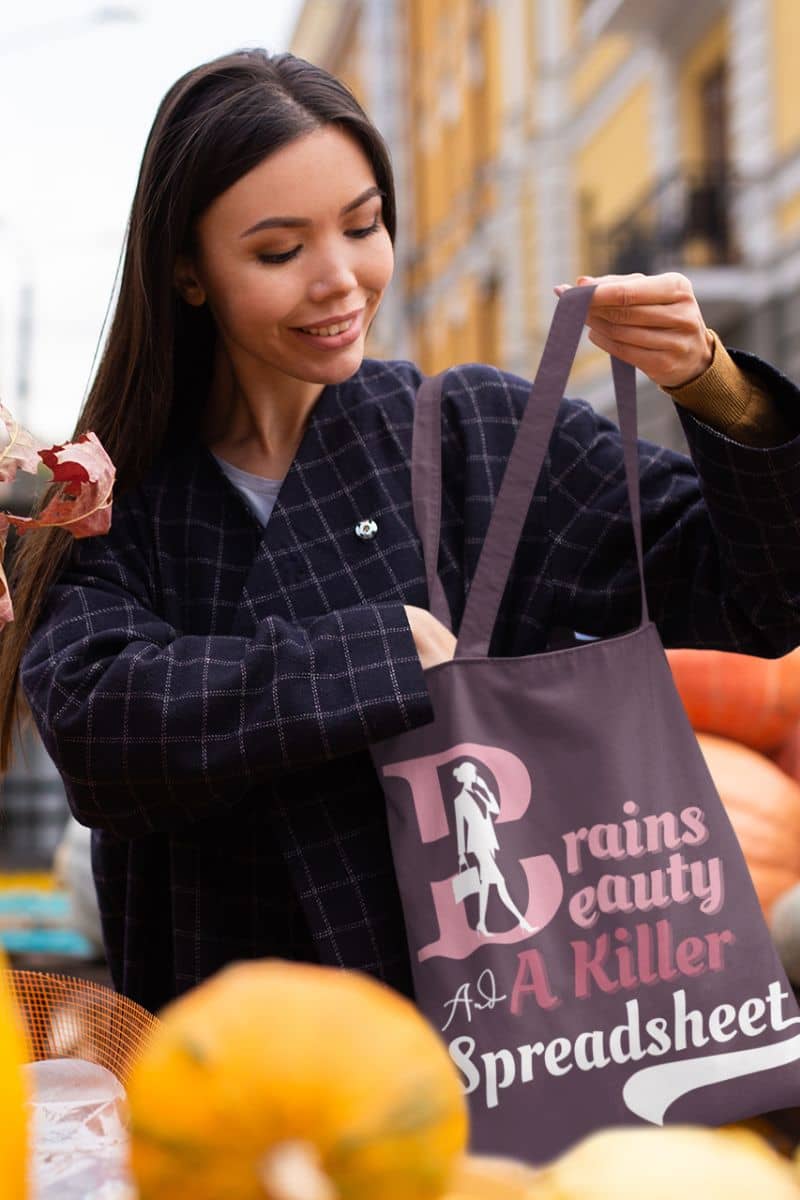 Empowered women tote bag with a girl buying pumpkins on the street