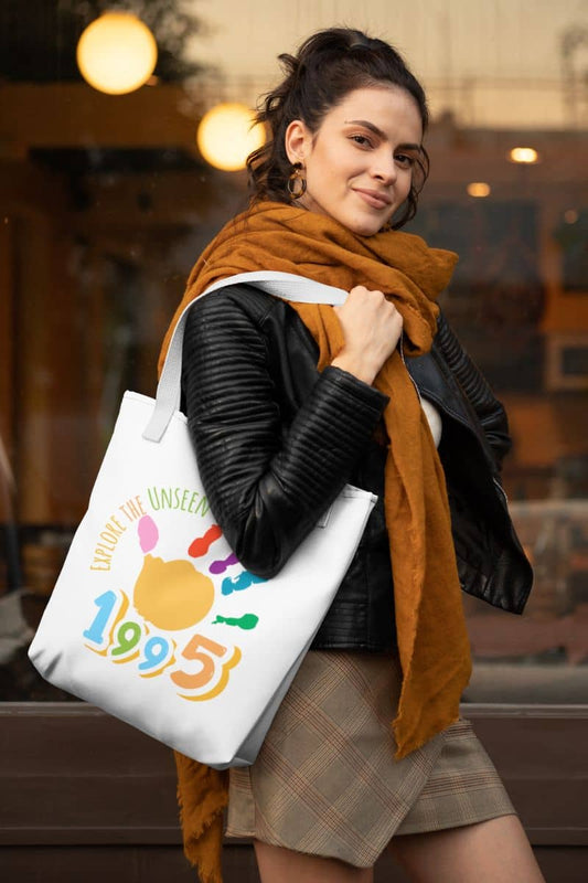 Explore the Unseen 1995 Tote Bag with elegantly dressed girl walking down the street