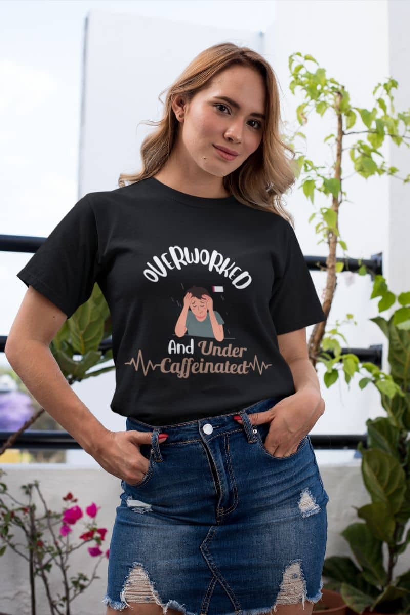 Funny caffeine shirt with a girl posing on the balcony