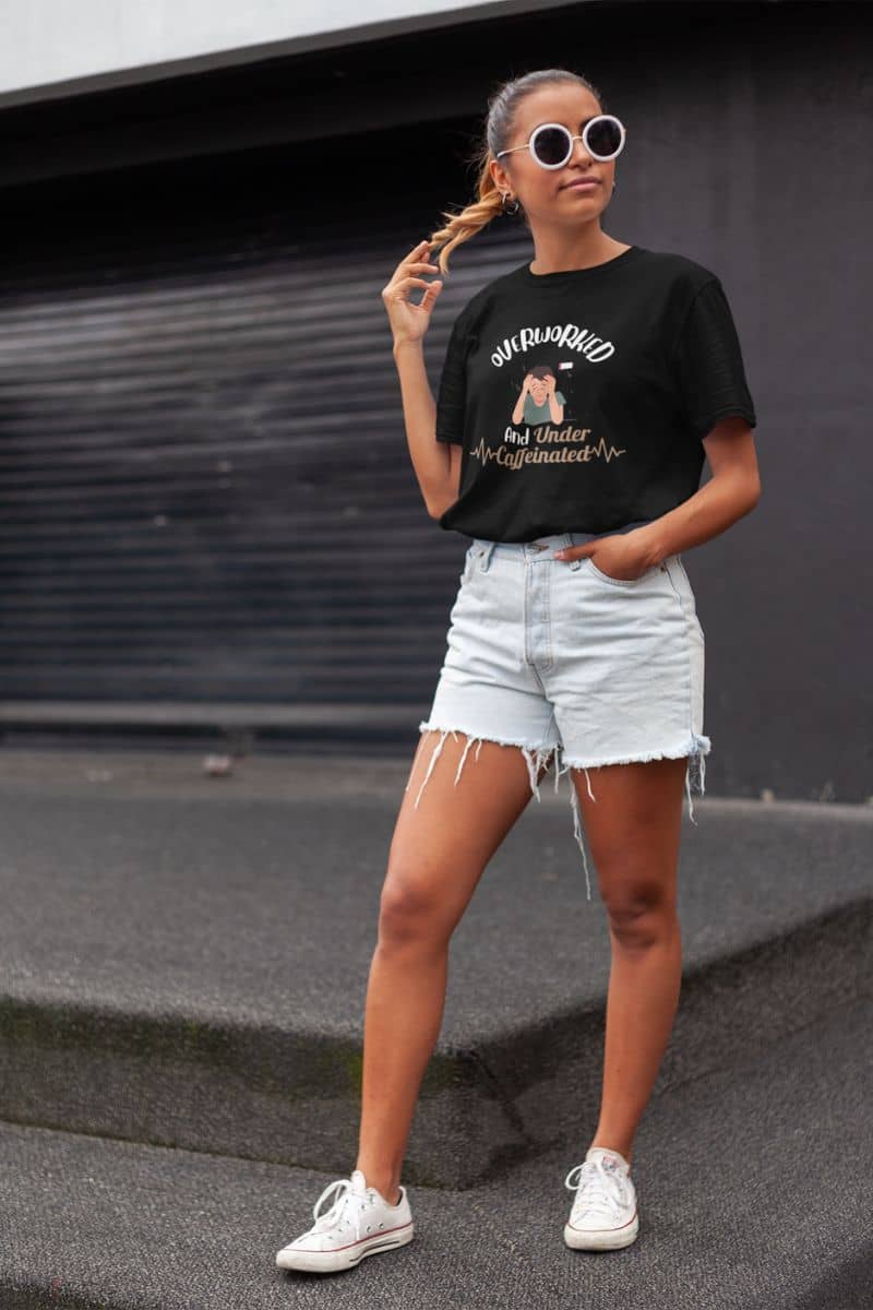 Funny caffeine shirt with a girl posing on the old stage
