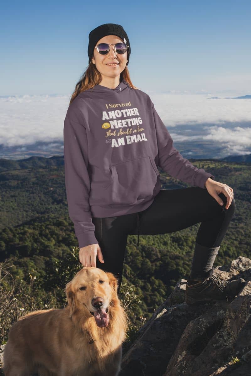Funny hoodie with girl posing on top of mountain with her dog