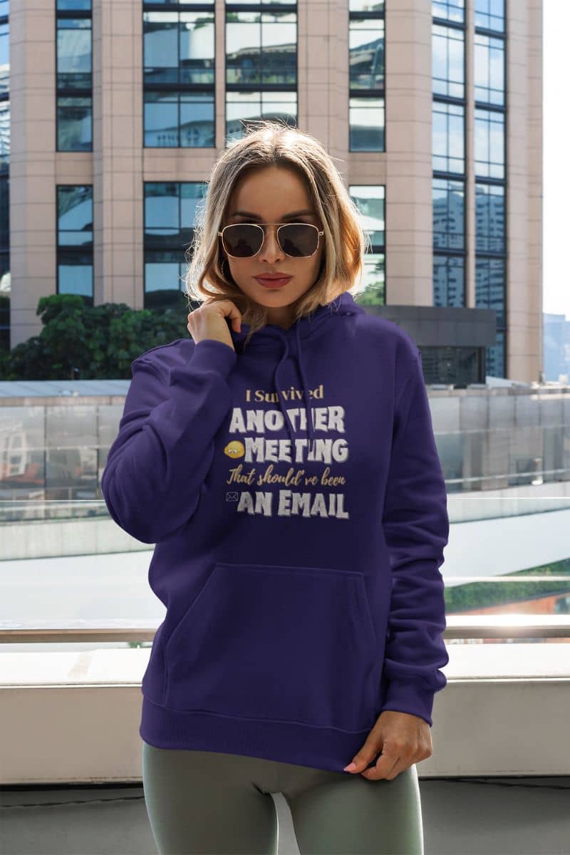 Funny hoodie with a girl posing in front of a building