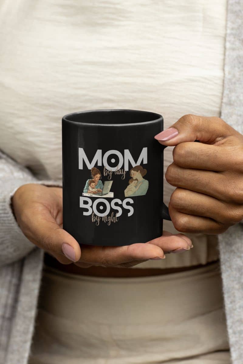 Funny mom mug with a black woman holding a cup to her chest