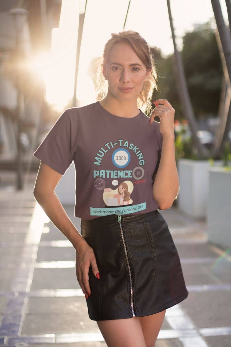Funny multi-tasking t-shirt with girl sitting posing on the street in t-shirt and short leather skirt