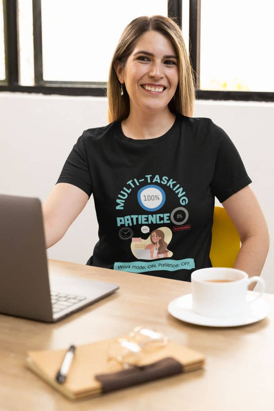 Funny multi-tasking t-shirt with the girl smiling brightly while working