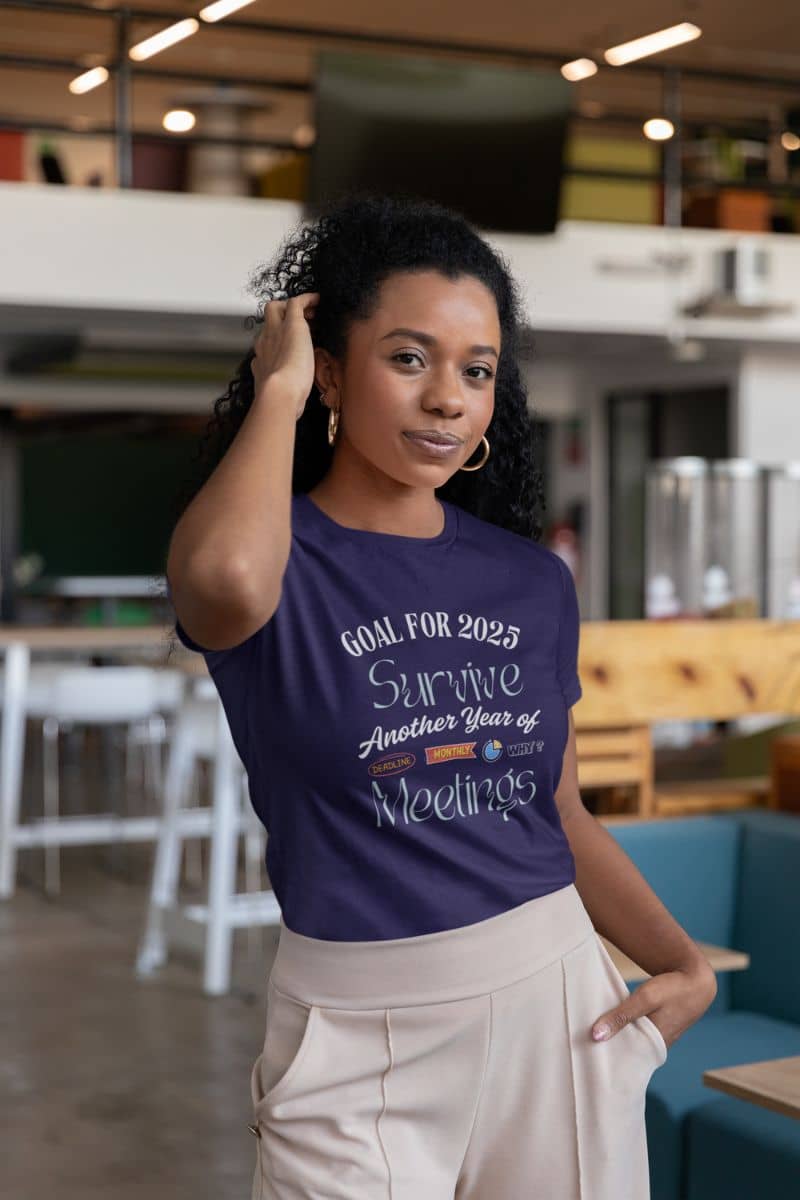 Funny office tshirt with a curly haired girl posing in the office