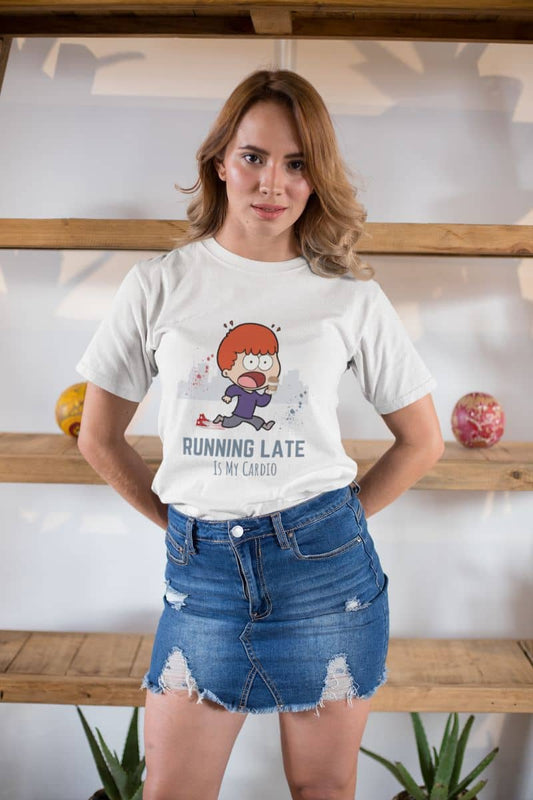 Funny running t-shirt with a beautiful girl posing in front of a shelf