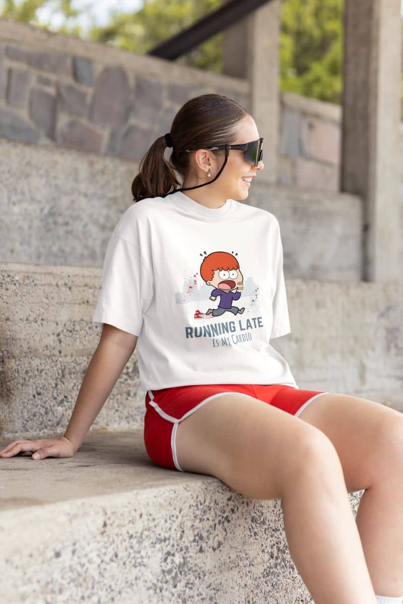 Funny running t-shirt with a girl sitting down to rest after jogging with sunglasses