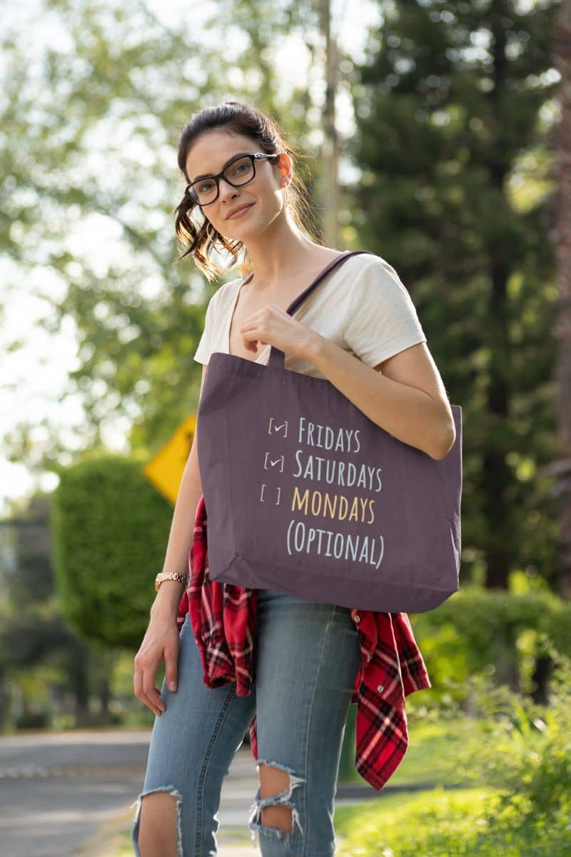 Funny tote bag with a girl walking down the street
