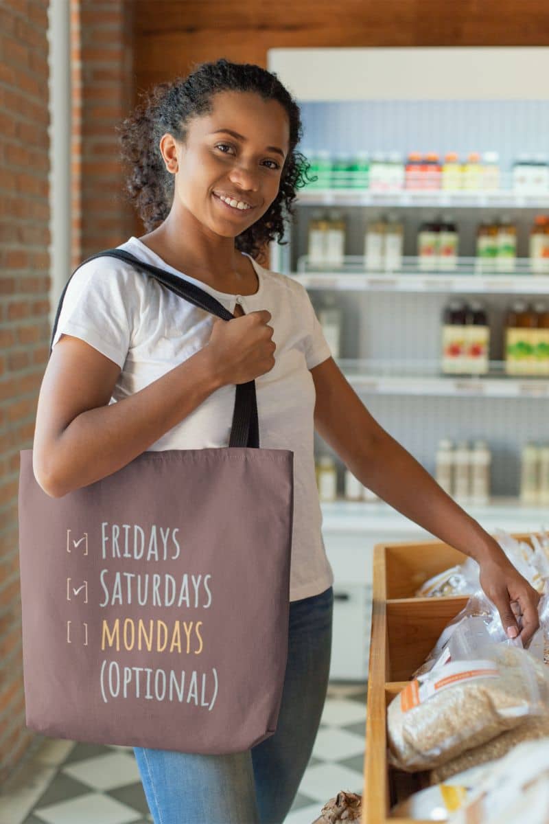 Funny tote bag with a girl shopping for food in the store