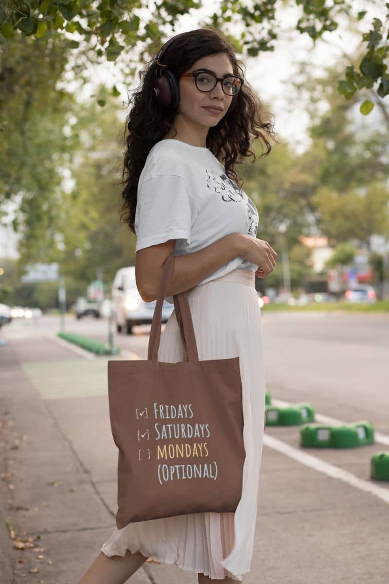 Funny tote bag with a girl walking down the street