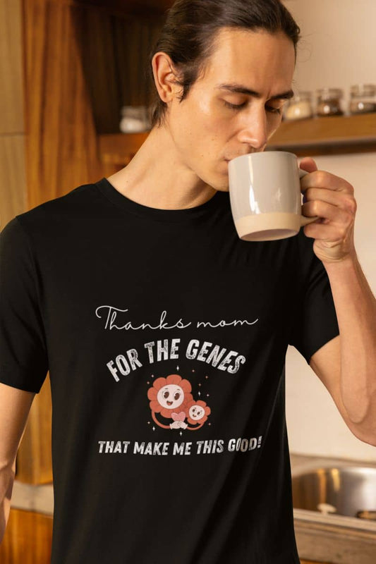 Funny t-shirt with a man drinking water in the kitchen