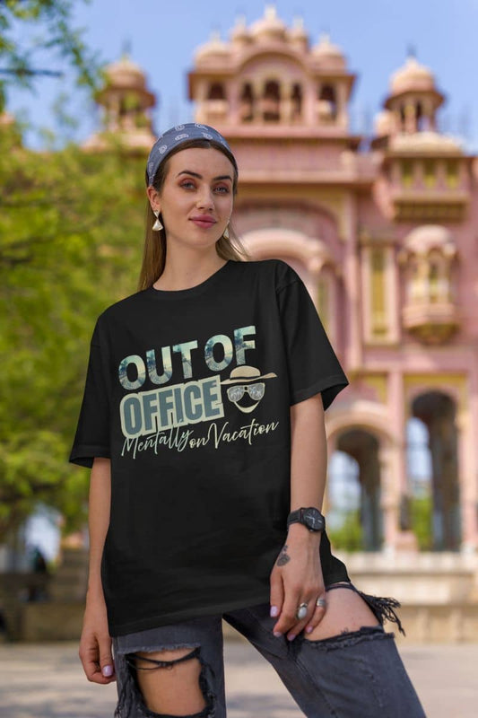Funny vacation t-shirt with a girl posing in front of a shrine