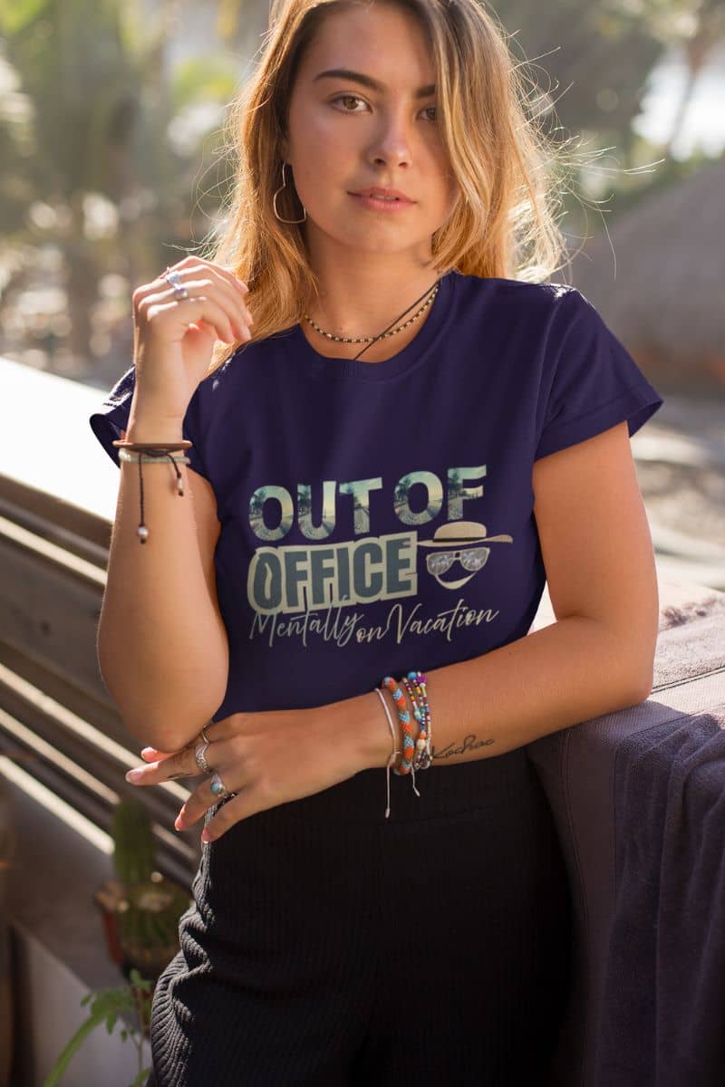 Funny vacation t-shirt with a girl posing near the beach