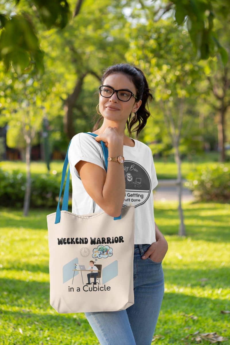 Funny work bag with girl wearing glasses and tote bag posing in park