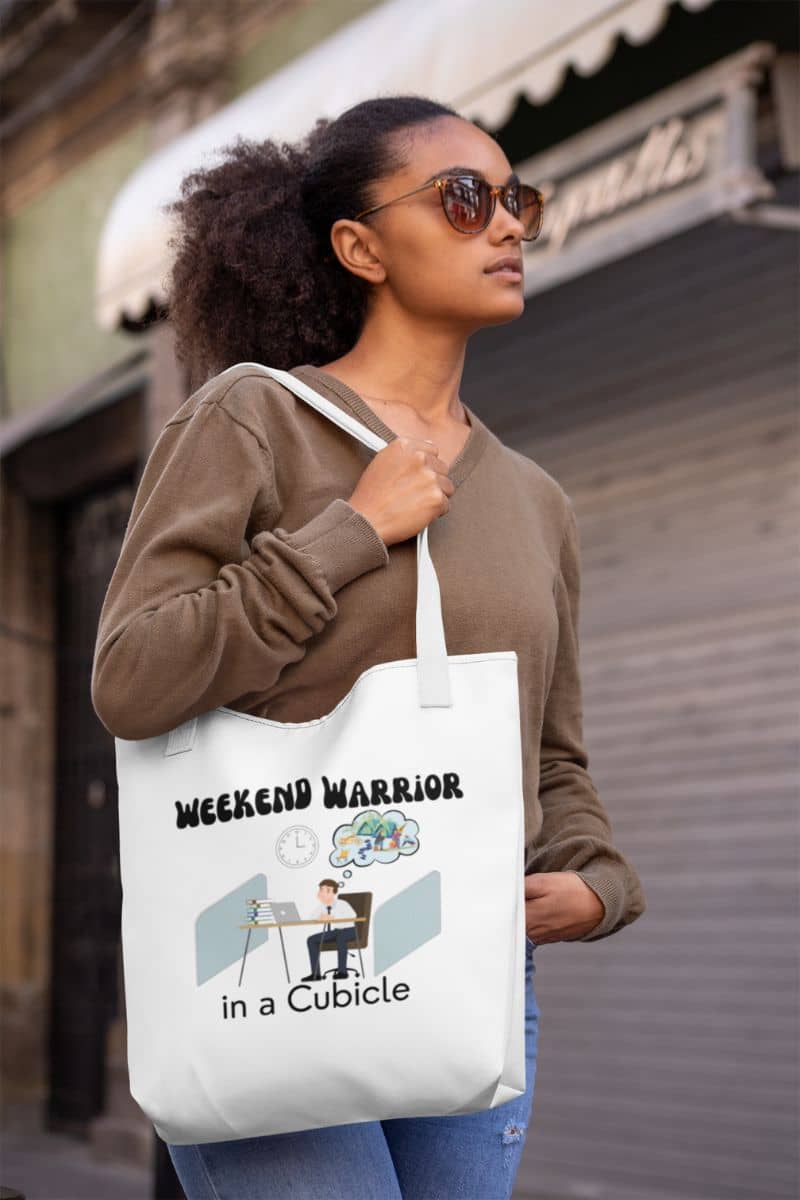 Funny work bag with girl wearing glasses and tote bag walking down the street