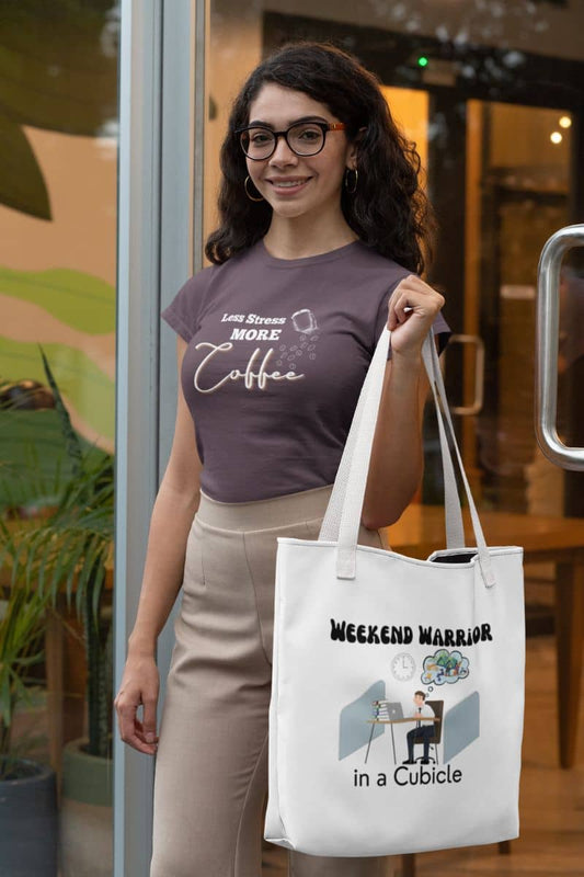 Funny work bag with girl posing in front of coffee shop