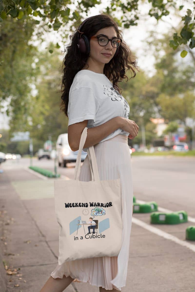 Funny work bag with girl posing on the side of the road