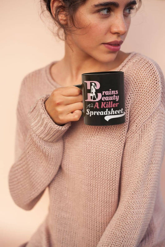 Funny work mug for women with a girl holding a cup and looking in one direction