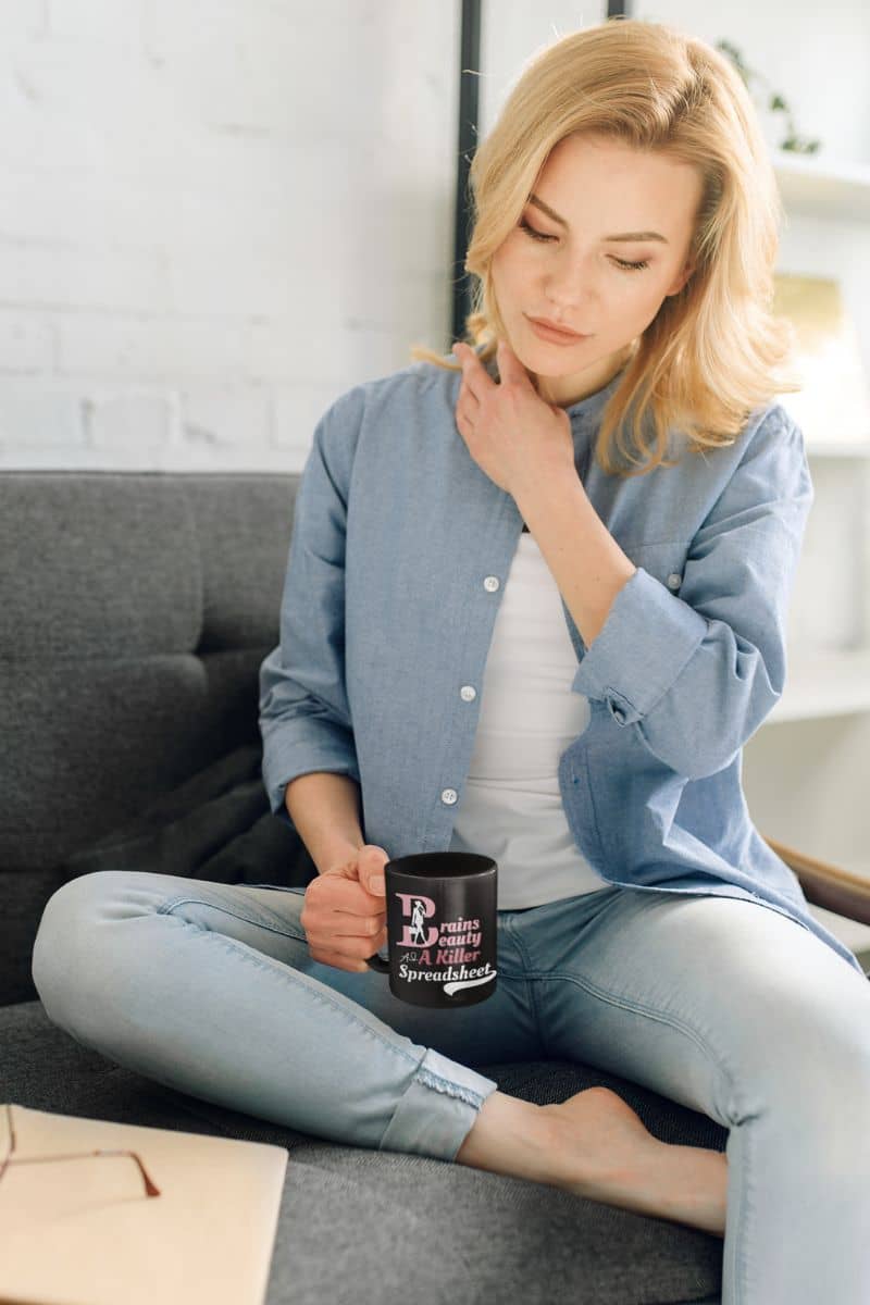 Funny work mug for women with a girl sitting looking into the cup with a tired face