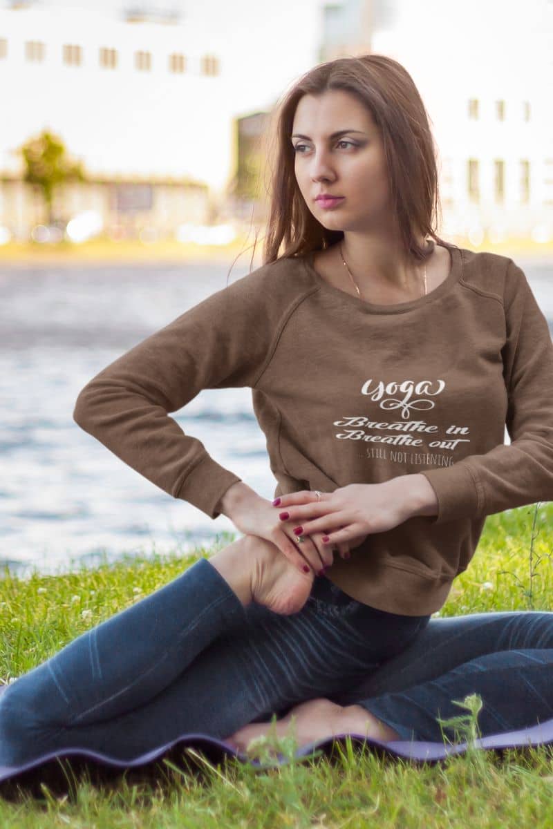 Funny yoga sweatshirt for women with girl doing yoga by the river