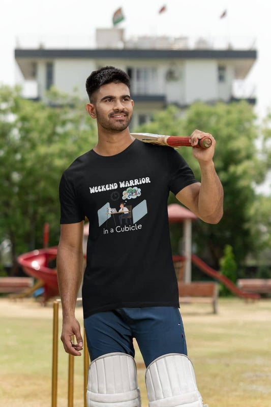 Graphic t-shirt for men with a guy carrying a cricket bat