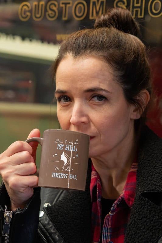 Hilarious coffee mug with a middle-aged woman drinking water