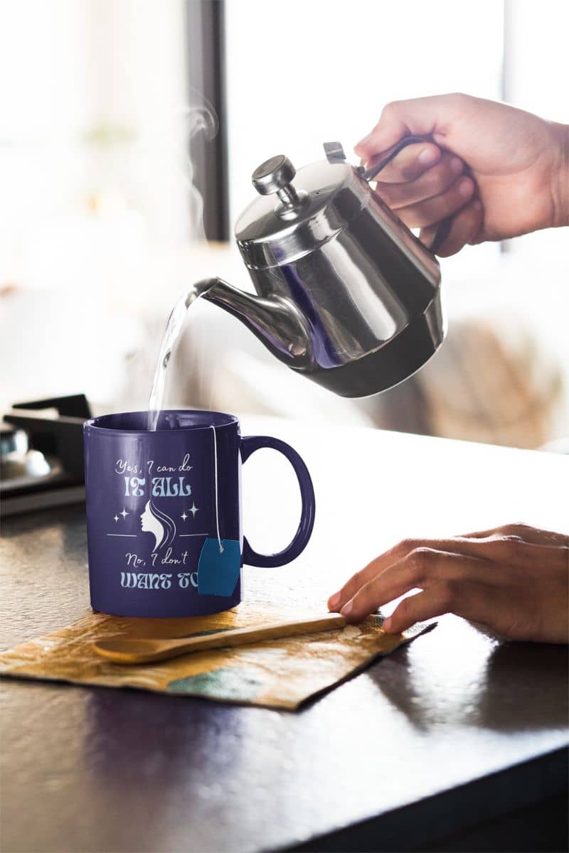 Hilarious coffee mug with a person pouring boiling water into a cup of tea