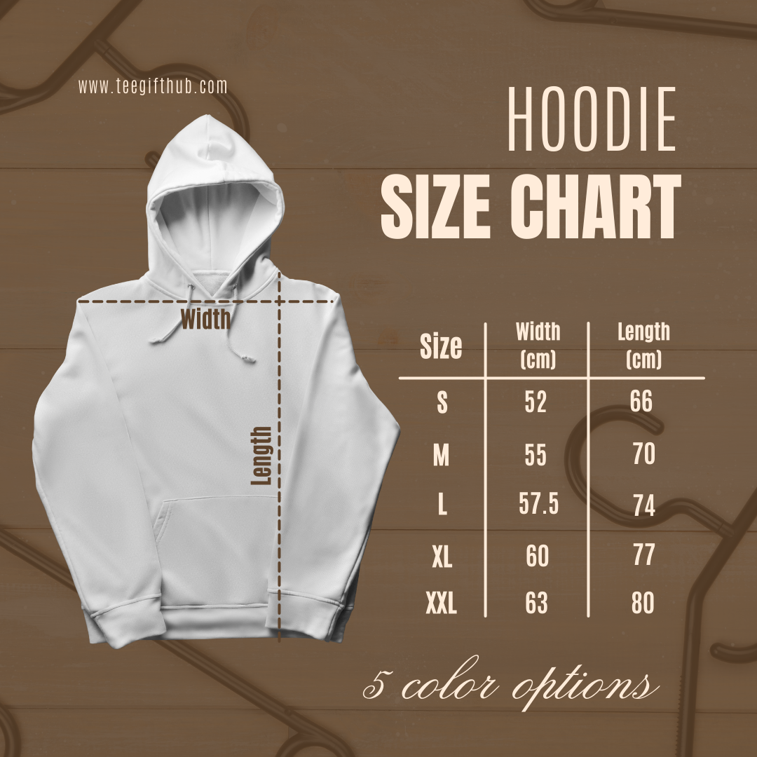 Hoodie size chart with measurements on a brown background
