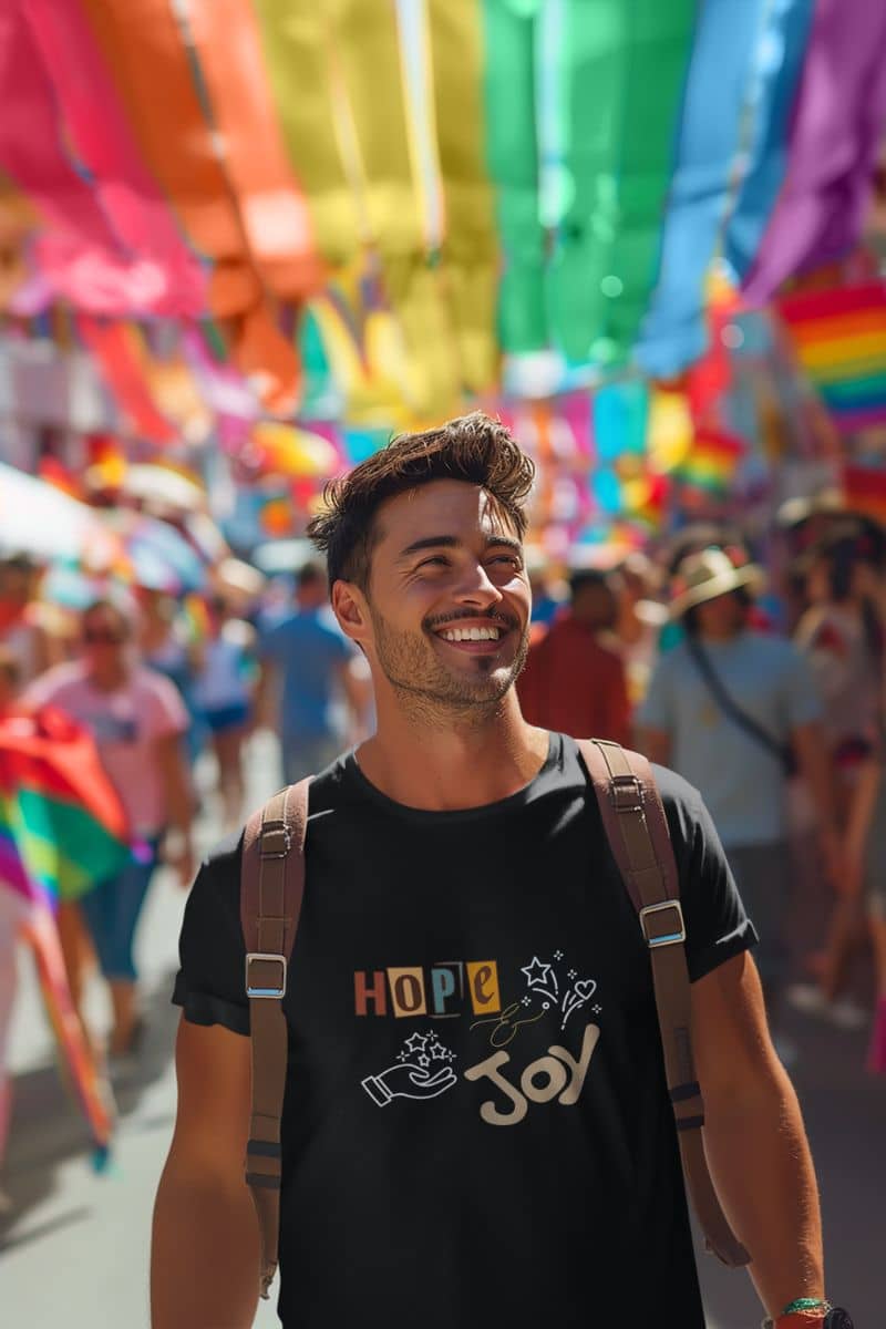 Hope and Joy T-Shirt with a smiling boy at the festival